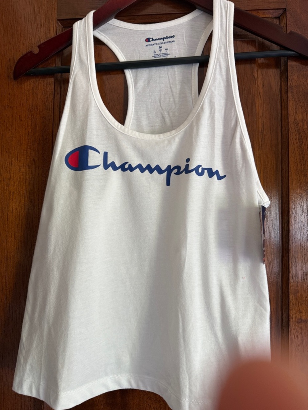 Champion White Tank with Blue Script and Red Logo Accent NWT size Medium